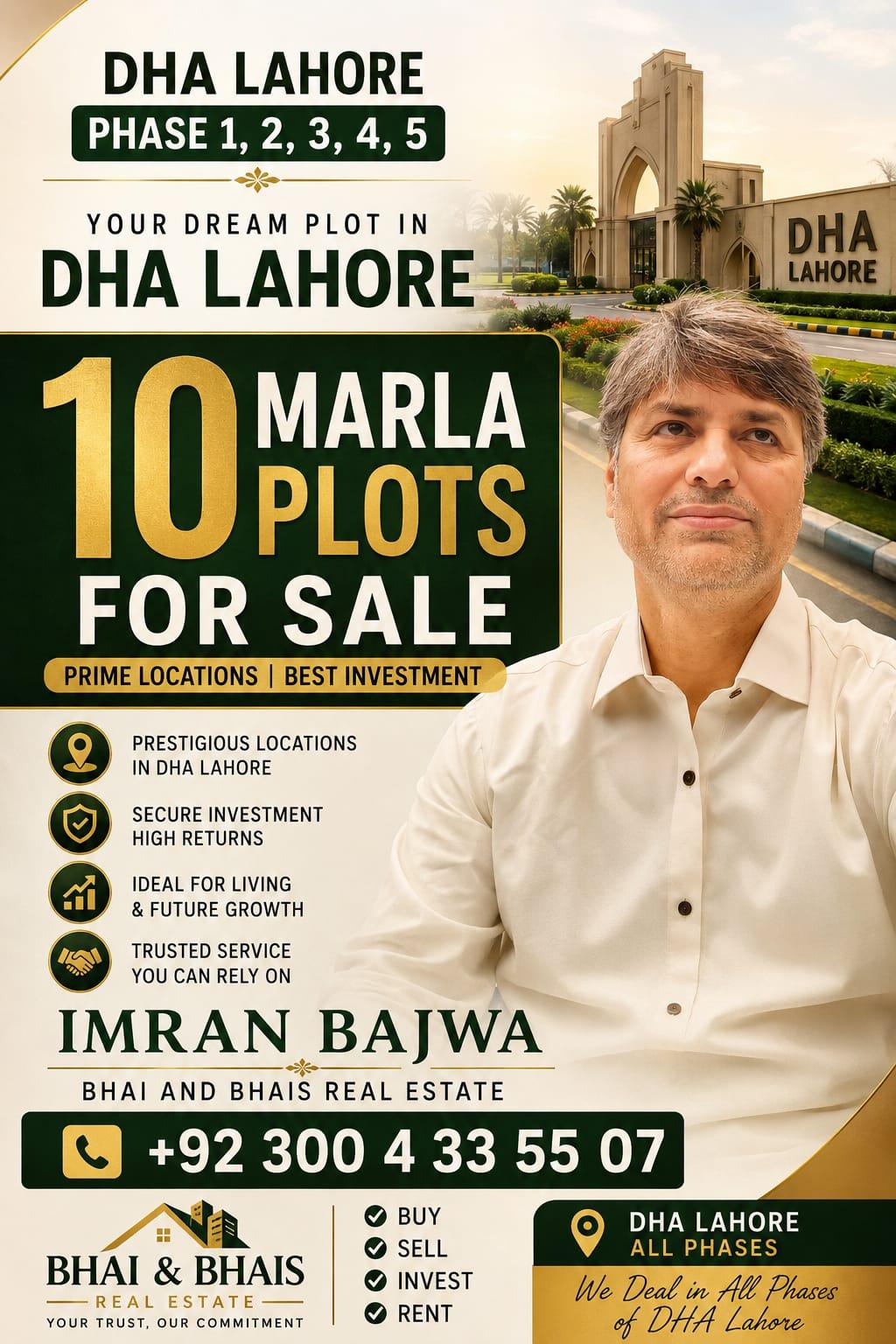 10 Marla plot for sale in DHA Lahore Phase 1,2,3,4,5